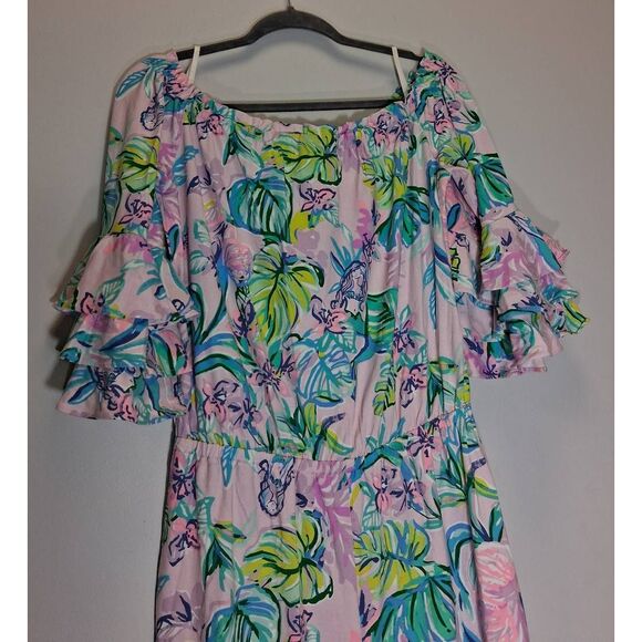 Lilly pulitzer womens medium off shoulder boat neck romper pink green - Picture 5 of 11